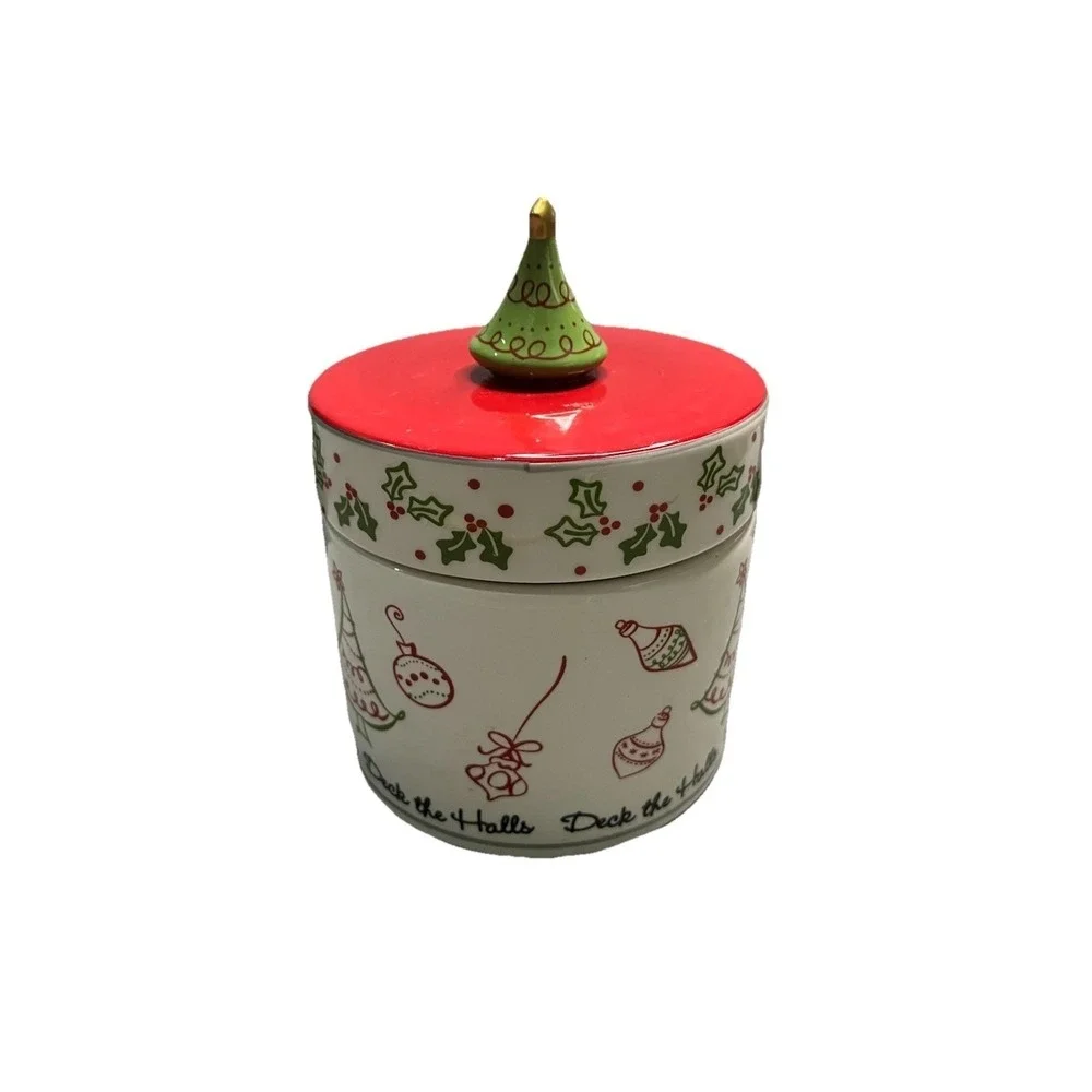 Kohl's Christmas Ceramic Candle Jar Pillar Holder Deck The Halls Tree Lid 5